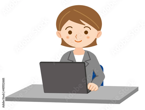 Fototapeta ノートパソコンで作業をするスーツ姿の若い女性のイラスト/白背景