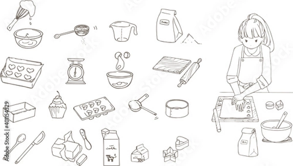 Fototapeta クッキーを作る女性とお菓子作りの線画イラストセット