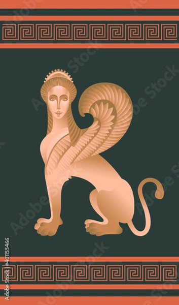 Fototapeta Sphinx. An image of a creature with a woman's face, the body of a lion and the wings of an eagle, located against a dark background. Vector graphics