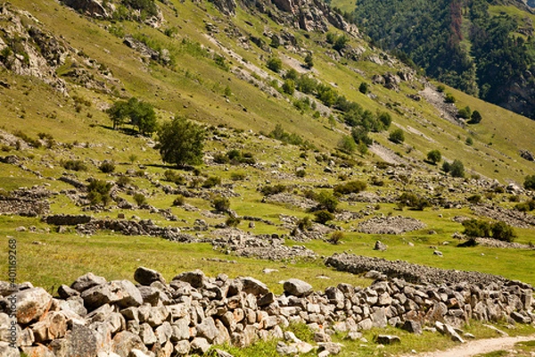 Fototapeta Mountain road at noon. Beautiful mountain landscape with stones at the foot of the ridge. The concept of the development of nature and sustainable development.

