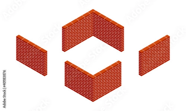 Fototapeta Set of isometric brick walls. New red brick walls of the house. Colorful brickwork isolated on white background. 3D. Vector illustration.