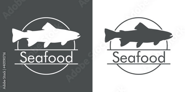 Fototapeta Logotipo con texto Seafood con silueta de trucha o salmón en círculo con lineas en fondo gris y fondo blanco