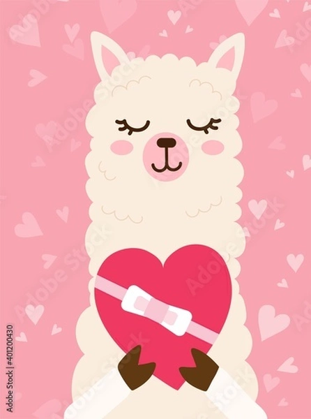 Fototapeta Valentines day card with cute funny llama holds heart shaped box with bow. Hand drawn vector illustration. Scandinavian style flat design. Concept for holiday print