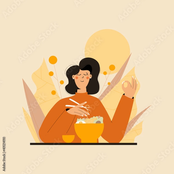 Fototapeta Cute woman practicing mindful eating exercise in nature and leaves. Concept illustration for meditation, relax, recreation, healthy lifestyle, mindfulness practice. Flat trendy vector illustration