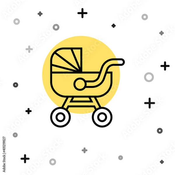 Fototapeta Black line Baby stroller icon isolated on white background. Baby carriage, buggy, pram, stroller, wheel. Random dynamic shapes. Vector.
