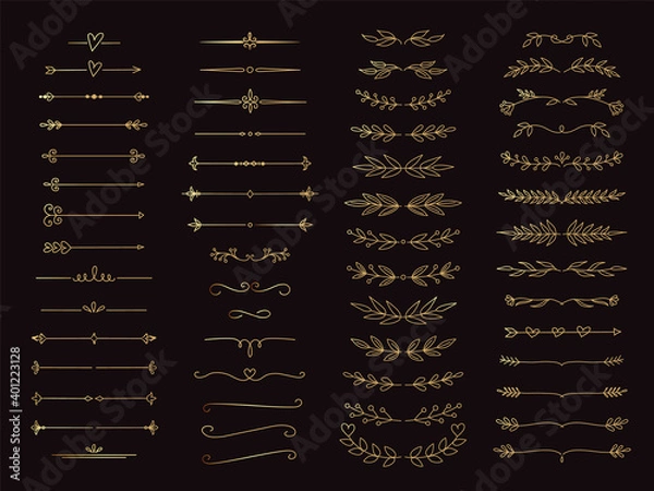 Fototapeta Cute Hand drawn gold flower ornament text dividers, arrows and laurel design elements. vector illustration set isolated on black background