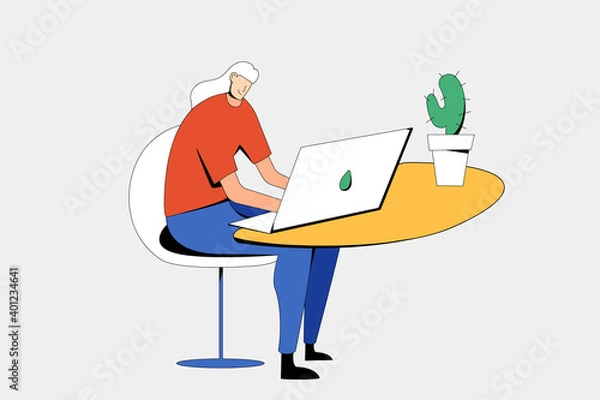 Fototapeta Modern flat illustration of girl programmer at work table with laptop. Female character works on a computer. Yellow spot, bright design, modern cactus.