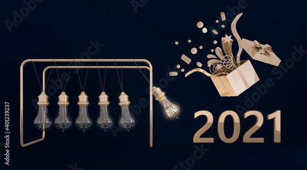 Fototapeta Happy New Year 2021 background with Golden 3D colored numbers. 3d rendering.