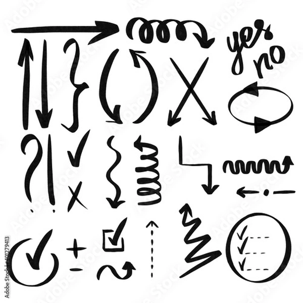 Obraz Check mark. Hand drawn black tick V X yes no ok sign. Checkbox chalk icon, sketch checkmark. Graphic design doodle element list item choice. Vote checklist arrow set illustration. Speech bubble symbol