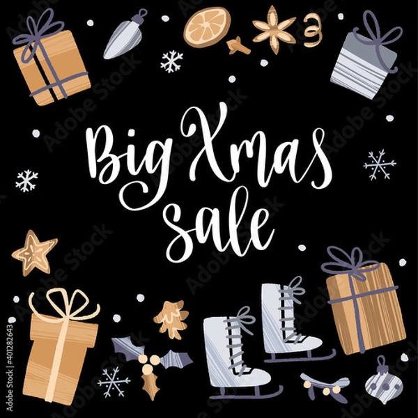 Fototapeta Modern style lettering and hand drawn winter holiday symbols and decoration.