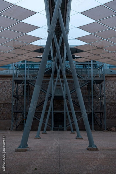 Obraz Symmetrical design steel structure with stairs in the background. Seafarers' training barracks, Cartagena, Spain