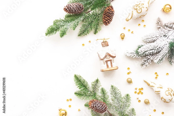 Obraz Christmas decoration on white background, flat lay, top view