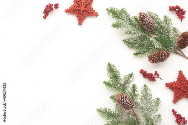 Obraz Red christmas decoration on white background, flat lay, top view