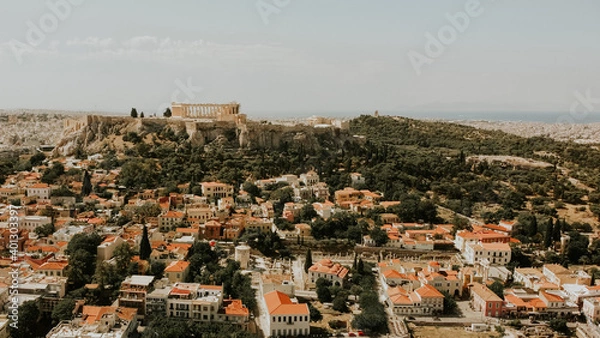 Fototapeta Aerial drone view of Historic Parthenon Temple on Acropolis Hill in Athens,Greece.