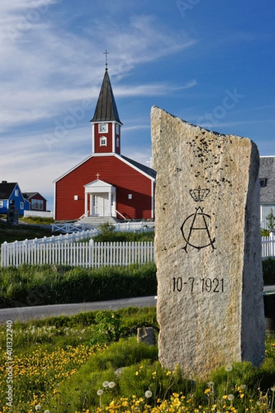 Fototapeta A stone near Frelserens Kirke commemorates the first Danish royal visit to Nuuk, Greenland, by King Christian X and Queen Alexandrine on 10 July 1921.