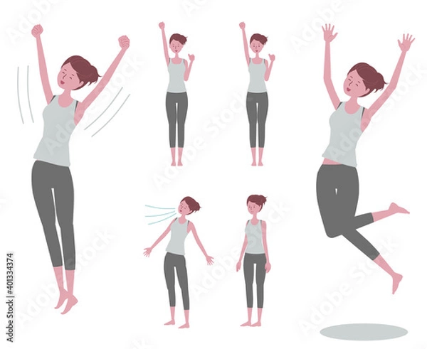 Fototapeta 背伸び・ジャンプ・深呼吸・ガッツポーズをする、ヨガウェアを着た女性のイラストセット