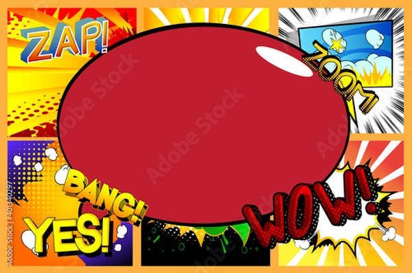 Fototapeta Vector illustrated retro comic pop art background with place for text. Advertising frame with comic book effect, expression words.