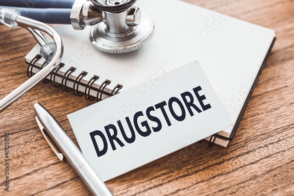 Fototapeta DRUGSTORE - text on card on wooden table with stethoscope and notepad for medical records. Medical concept.
