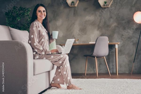 Fototapeta Profile photo of nice sweet girl hold cup write laptop wear spectacles pijama at home on sofa