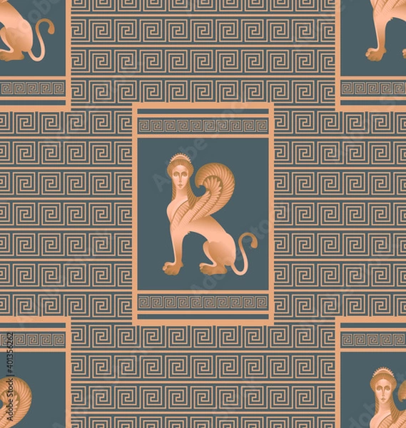Fototapeta Sphinx. The image of a mythological creature with a woman's head, the body of a lion and the wings of an eagle. Stylization for the culture of Greece. Vector graphics. Seamless pattern