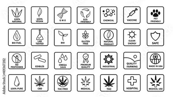 Obraz Big Set of CBD oil icons. THC free, made in USA, bio, vegan, premium quality, lab tested, omega 3-6-9, pure, natural, no pesticides, organic, eco, gluten free, pet friendly. Product label stamp seal.
