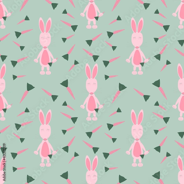 Fototapeta vector seamless pattern with rabbits and carrots for Easter on a green background