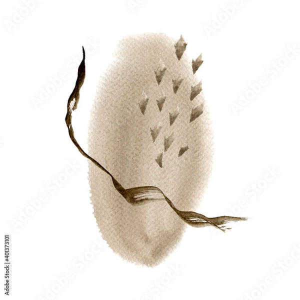 Fototapeta Watercolor abstract hand drawn illustration with sandy textured shape, sepia flake and dots. A brown square picture with a white background.