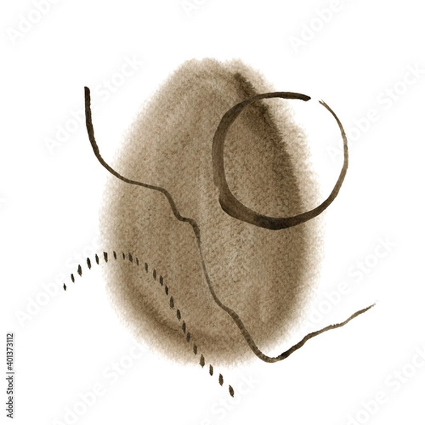 Fototapeta Watercolor abstract hand drawn illustration with sepia textured shape, flake, circle and dots. A brown square picture with a white background.