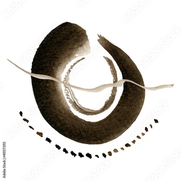 Fototapeta Watercolor abstract hand drawn illustration with sepia textured shape, lines and dots. A square picture with a white background.