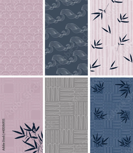 Fototapeta Japanese Social Media cover Layout. Vector set of asian template in oriental style for womanly profile, social media, mobile app. Abstract background with wave, fan, bamboo in grey, blue, lilac color