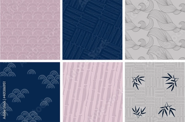 Fototapeta Japanese Vector background. Template, modern asian design. Graphic illustration. Blue, lilac and grey abstract textured background with bamboo, wave, fan, bamboo leaf for poster, stationery, banner