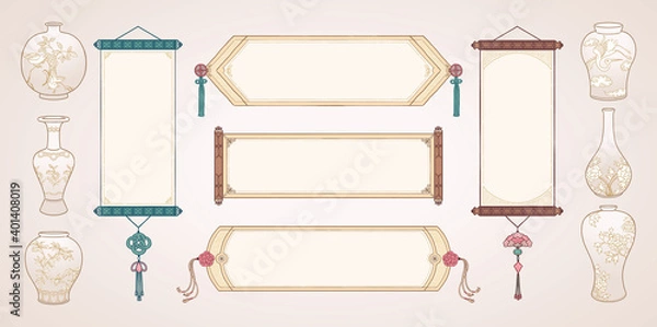 Obraz Oriental Vintage Asian Scrolls and Traditional Ceramic vases. Chinese Hanging Scrolls. 