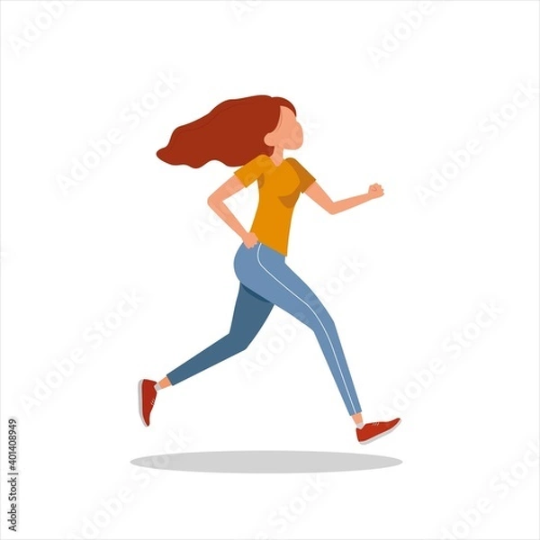 Fototapeta Vector illustration of a running girl.Isolated on a white background, a red-haired girl runs