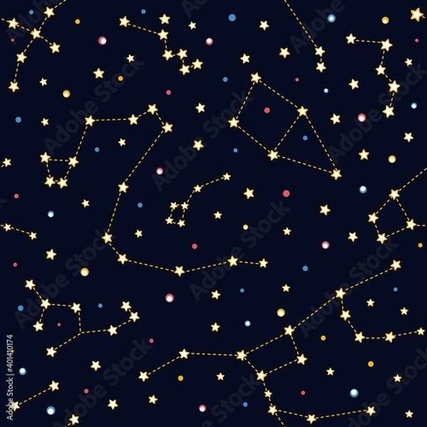 Fototapeta Blue seamless background with colored constellations. Star pattern and signs of the zodiac.
