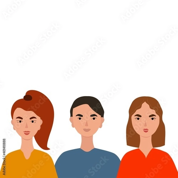 Fototapeta Portraits of people, colorful background vector illustration. Image of 3 people, 1 guy and 2 girls of different nationalities