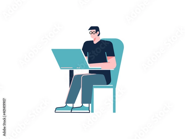 Fototapeta Male character sitting on a chair and working on a laptop. Vector.