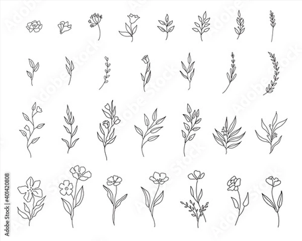 Fototapeta Set of cute hand drawn flowers, branches, leaves. Vector line arrangements for greeting card or invitation design