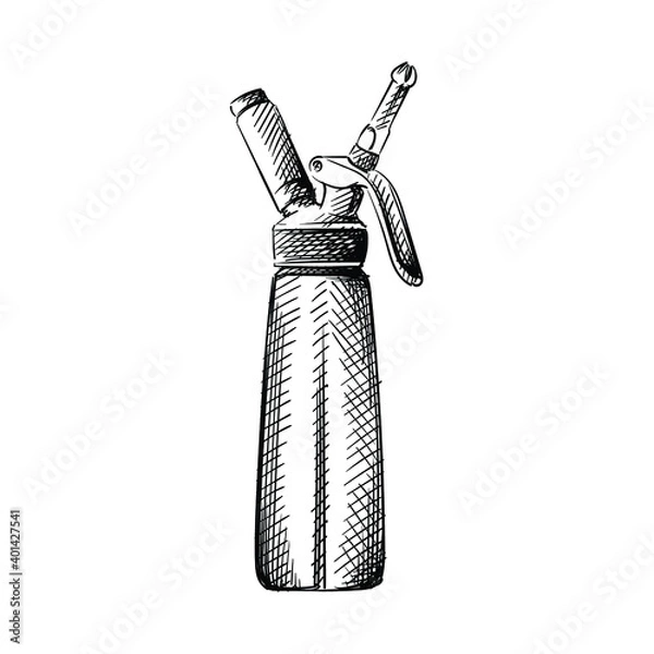 Fototapeta Hand drawn sketch of Cream siphon (dispenser, creamer) on a white background. Black and white sketch of cream dispenser. Bar inventory