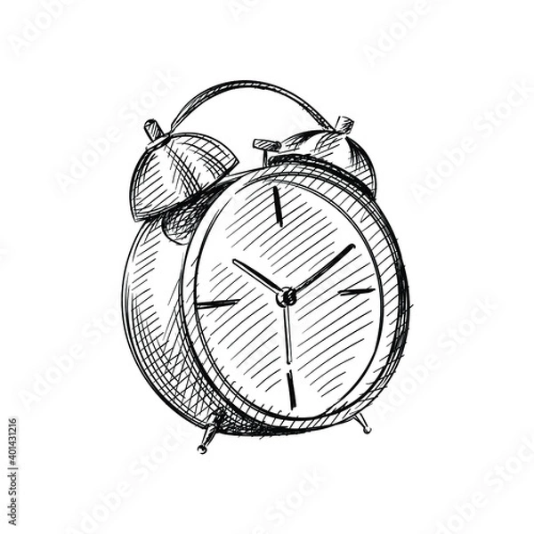 Fototapeta Hand drawn sketch of alarm clock on a white background. Black and white sketch of alarm clock. Going to sleep. Sleeping set