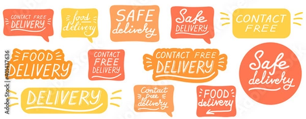 Obraz Contact free delivery. Big lettering calligraphy set. Safe delivery. Vector eps brush trendy orange sticker with text isolated on white background for banners, templates, postcards.