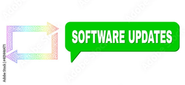 Fototapeta Software Updates and exchange arrows vector. Spectral colored mesh exchange arrows, and conversation Software Updates bubble message. Speech colored Software Updates bubble has shadow.