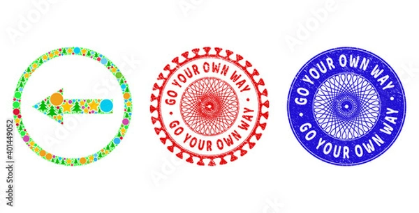 Obraz Left rounded arrow collage of Christmas symbols, such as stars, fir-trees, color spheres, and GO YOUR OWN WAY rubber watermarks. Vector GO YOUR OWN WAY watermarks uses guilloche pattern,