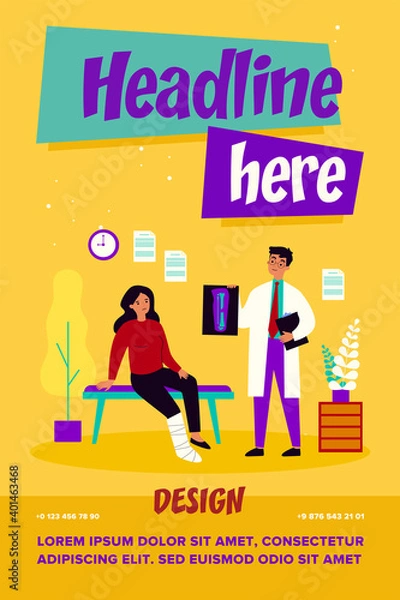 Fototapeta Doctor holding X-ray of broken leg isolated flat vector illustration. Cartoon injured sad woman sitting with cast in hospital consulting room. Treatment, recovery and trauma concept