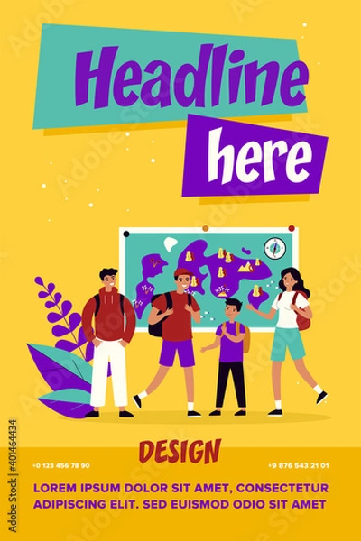Fototapeta Group of active tourists meeting for hiking. Young people with backpacks at landscape map flat vector illustration. Travel, adventure, tourism concept for banner, website design or landing web page