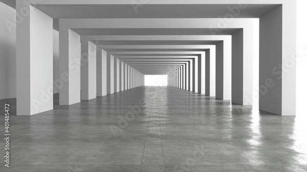 Obraz 3D rendering of Empty space concrete room and the pathway area indefinitely with the gap and glowing light. Museum space design, the rhythm of the square frame and the gap, Geometric structure.