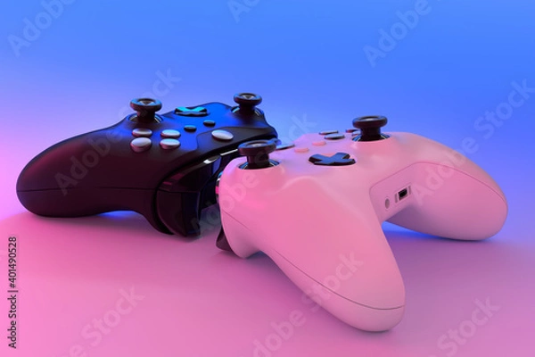 Fototapeta Realistic video game controllers in neon lights on white table background