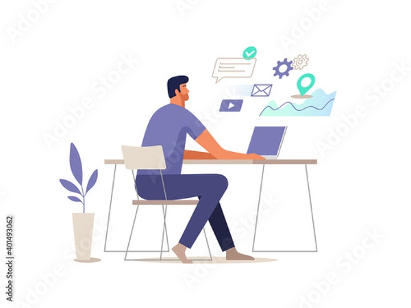 Fototapeta Man works at the computer. Vector illustration.