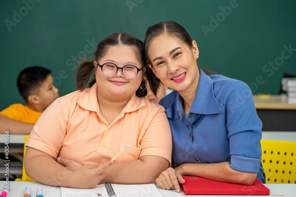 Obraz Asian disability child and Autism kid in special classroom with teacher