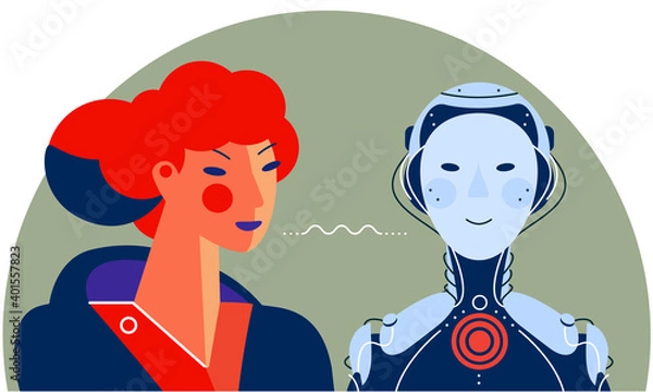 Fototapeta A woman and robot with artificial intelligence looking at each other