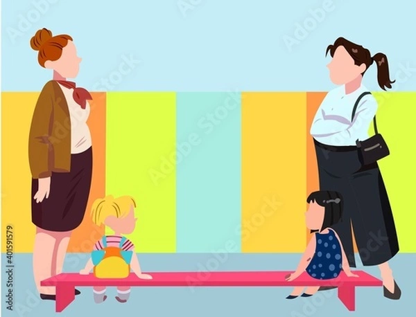 Obraz Vector of mothers standing and their daughters sitting on a pink bench